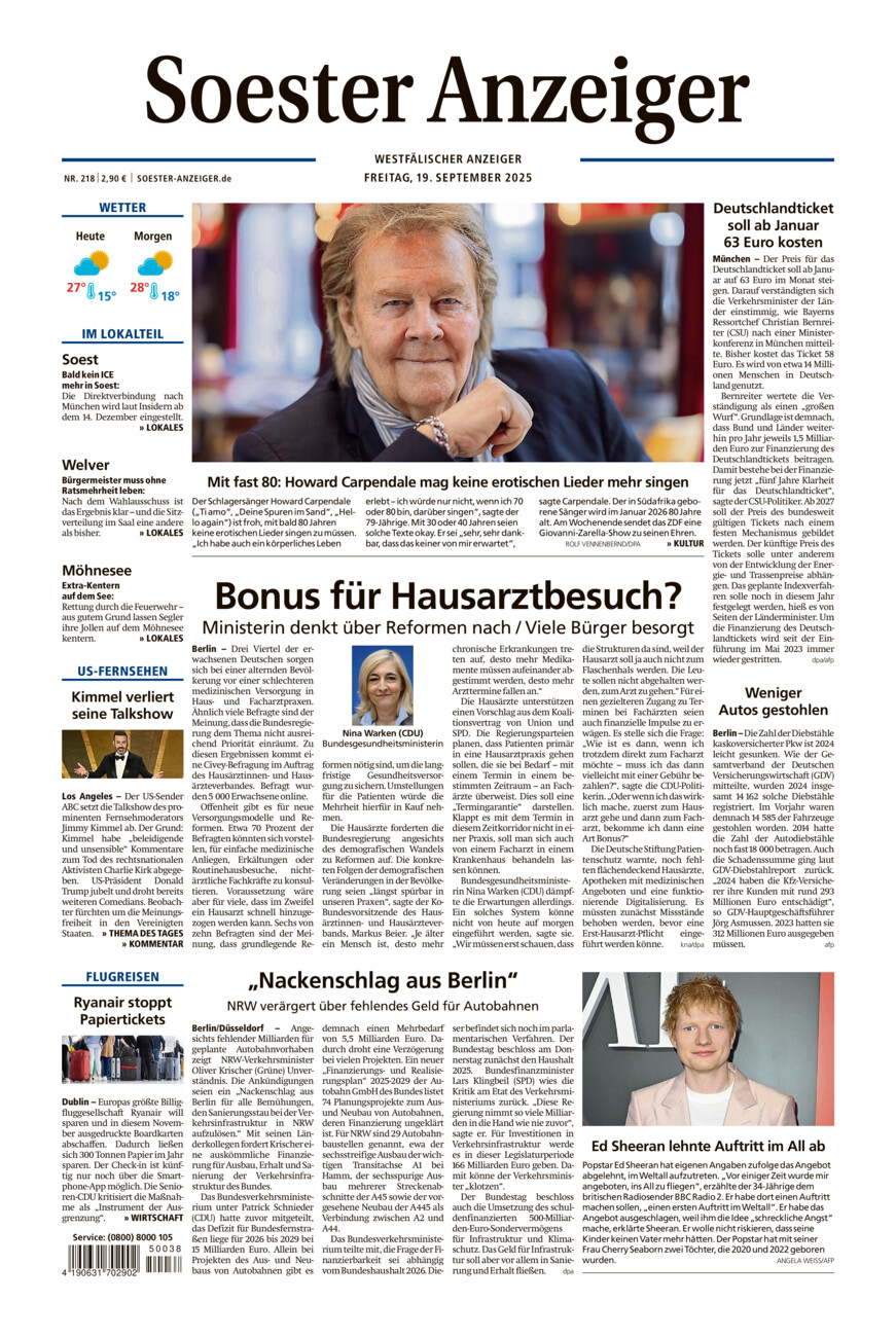 Soester Anzeiger vom Freitag, 19.09.2025