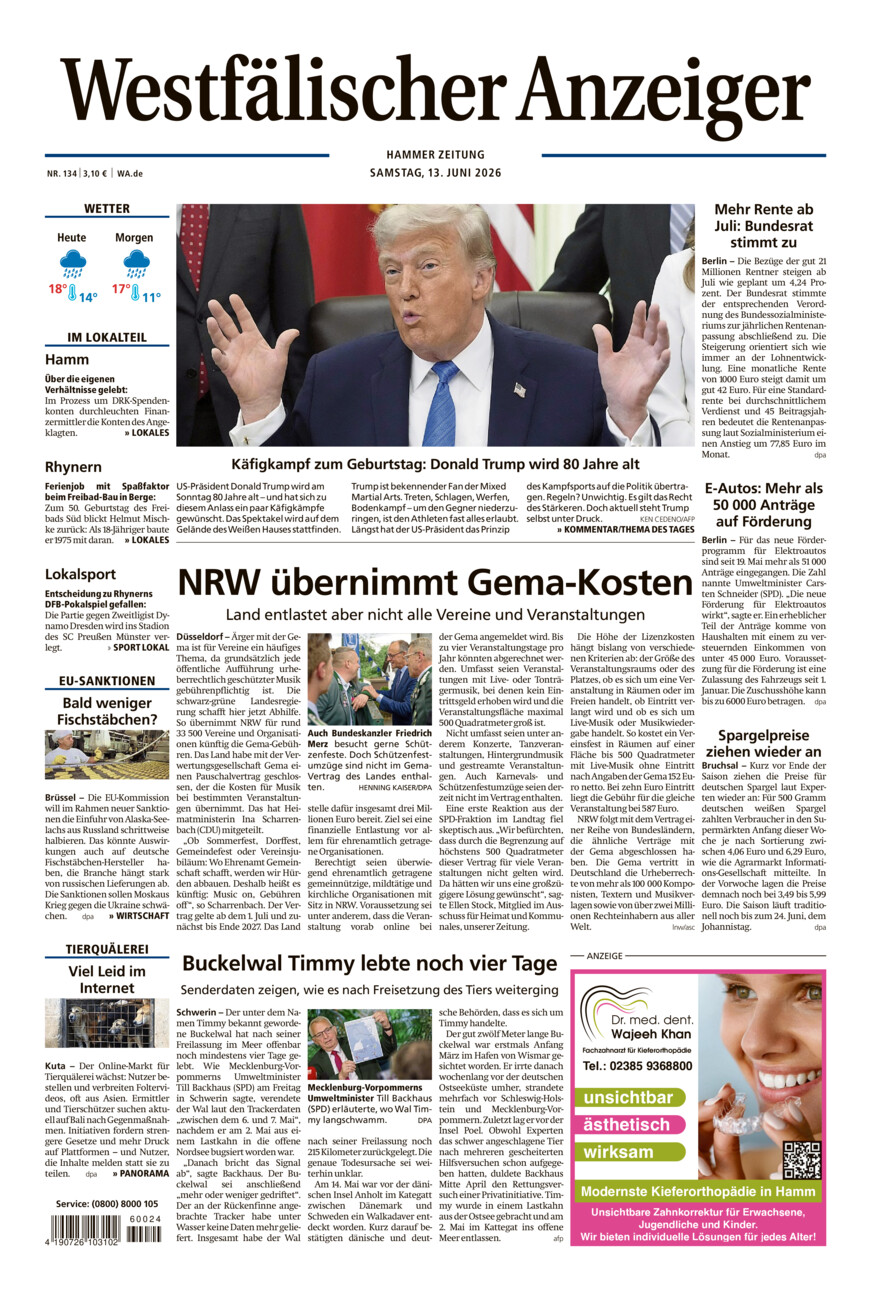 Westfälischer Anzeiger Hamm vom Samstag, 13.06.2026