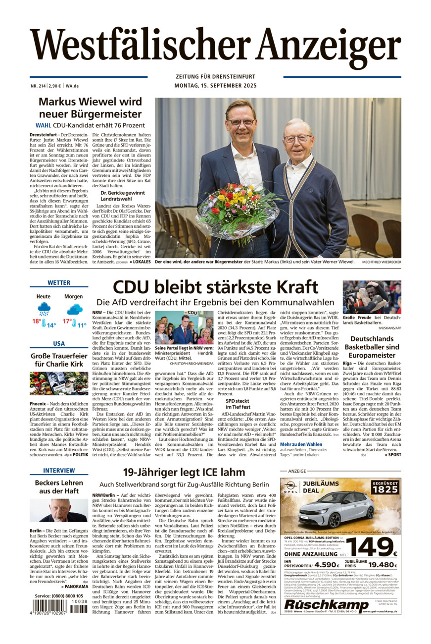 Westfälischer Anzeiger Drensteinfurt vom Montag, 15.09.2025