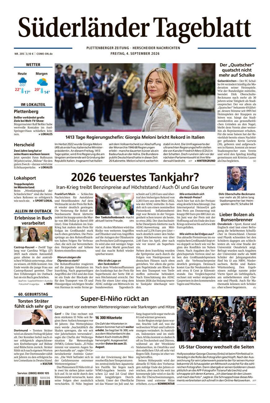 Süderländer Tageblatt vom Freitag, 04.09.2026