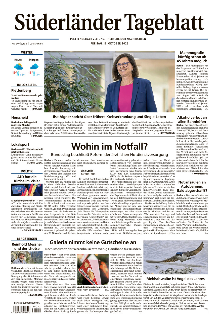 Süderländer Tageblatt vom Freitag, 16.10.2026
