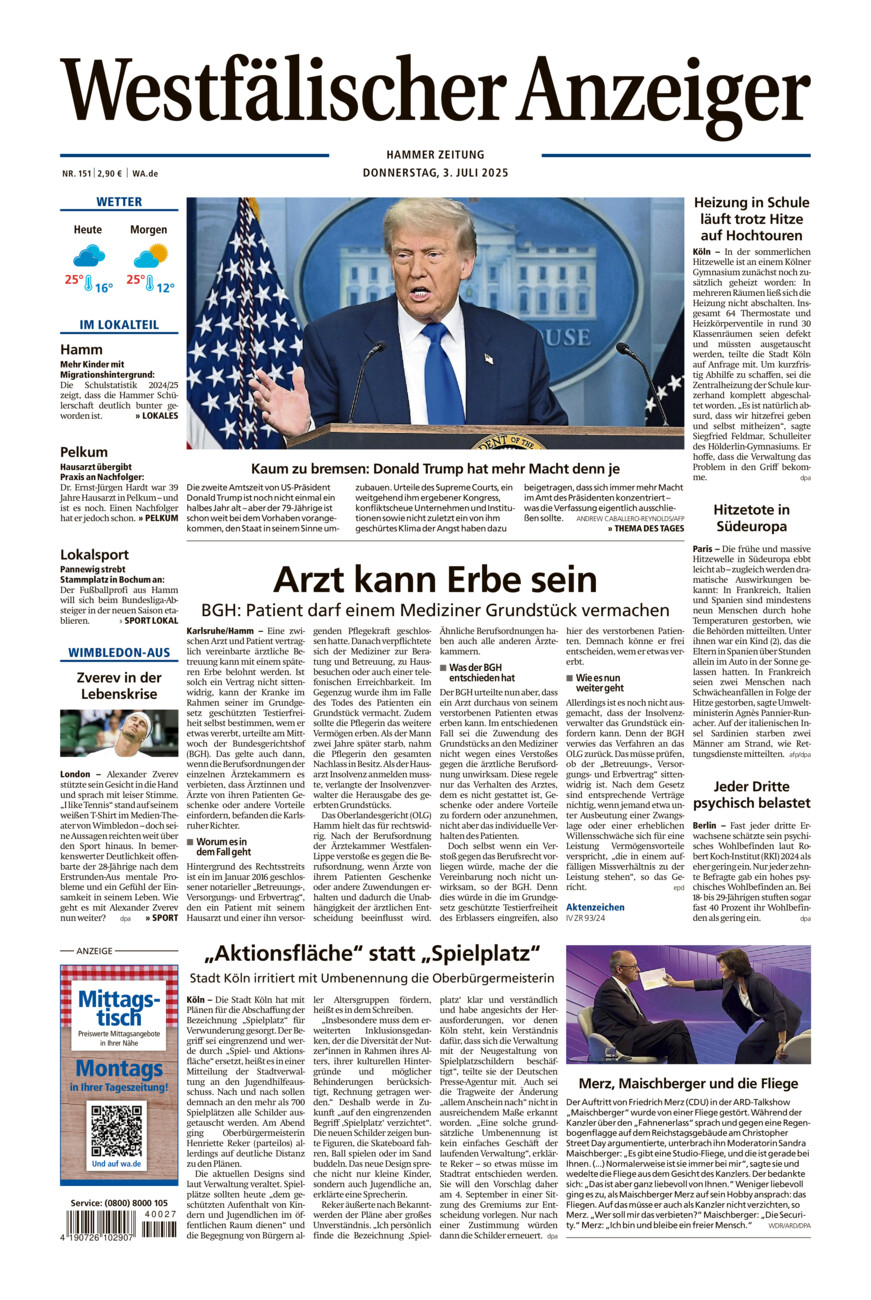 Westfälischer Anzeiger Hamm vom Donnerstag, 03.07.2025