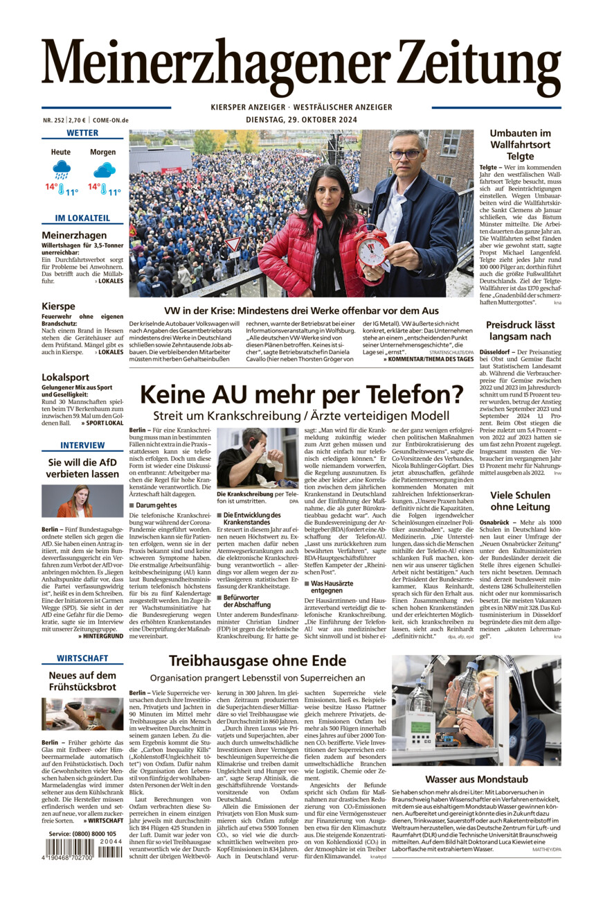 Meinerzhagener Zeitung vom Dienstag, 29.10.2024