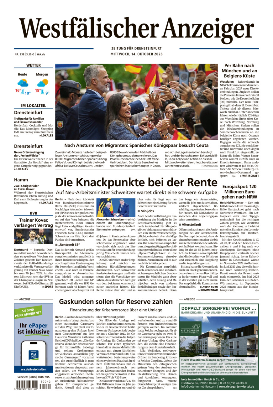 Westfälischer Anzeiger Drensteinfurt vom Mittwoch, 14.10.2026