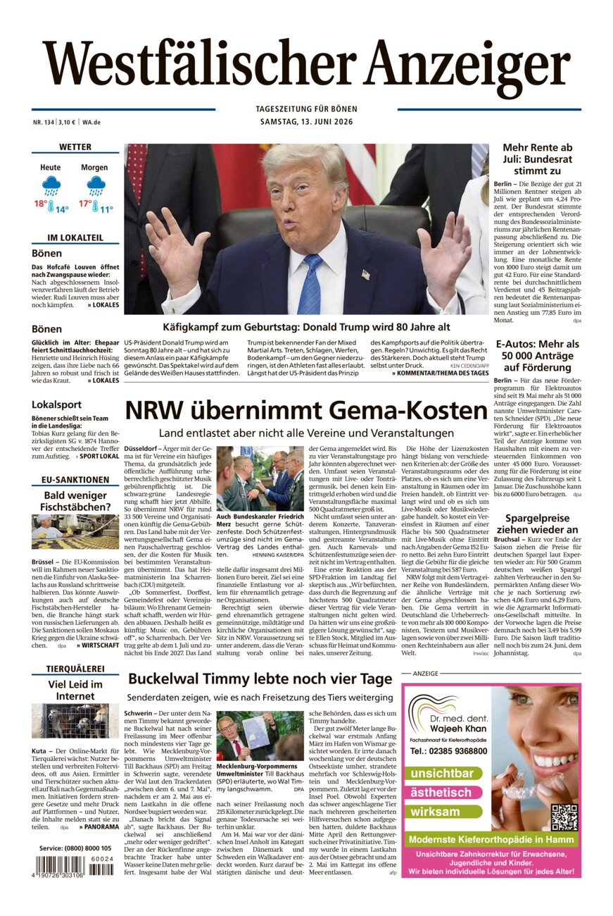 Westfälischer Anzeiger Bönen vom Samstag, 13.06.2026
