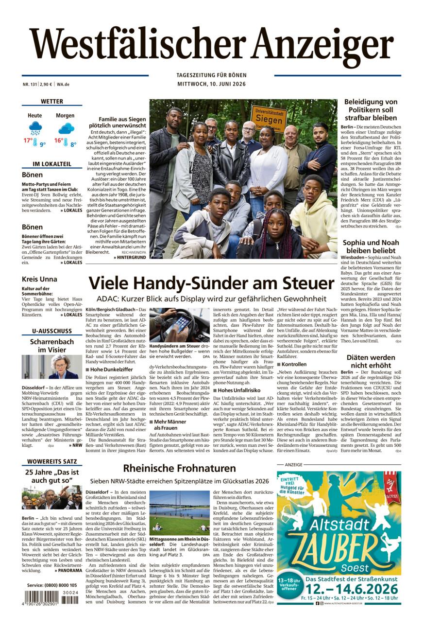 Westfälischer Anzeiger Bönen vom Mittwoch, 10.06.2026