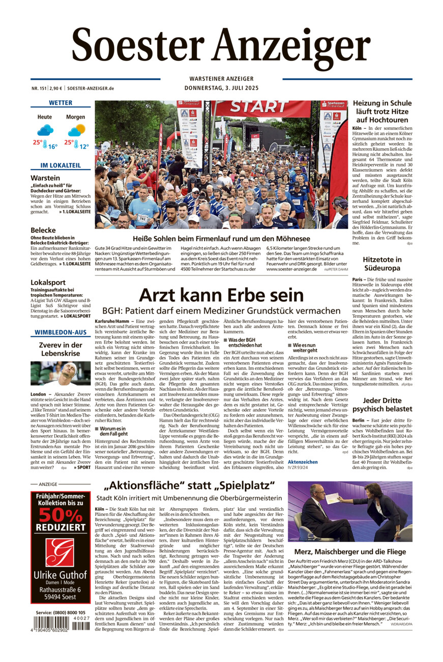 Soester Anzeiger Warstein vom Donnerstag, 03.07.2025