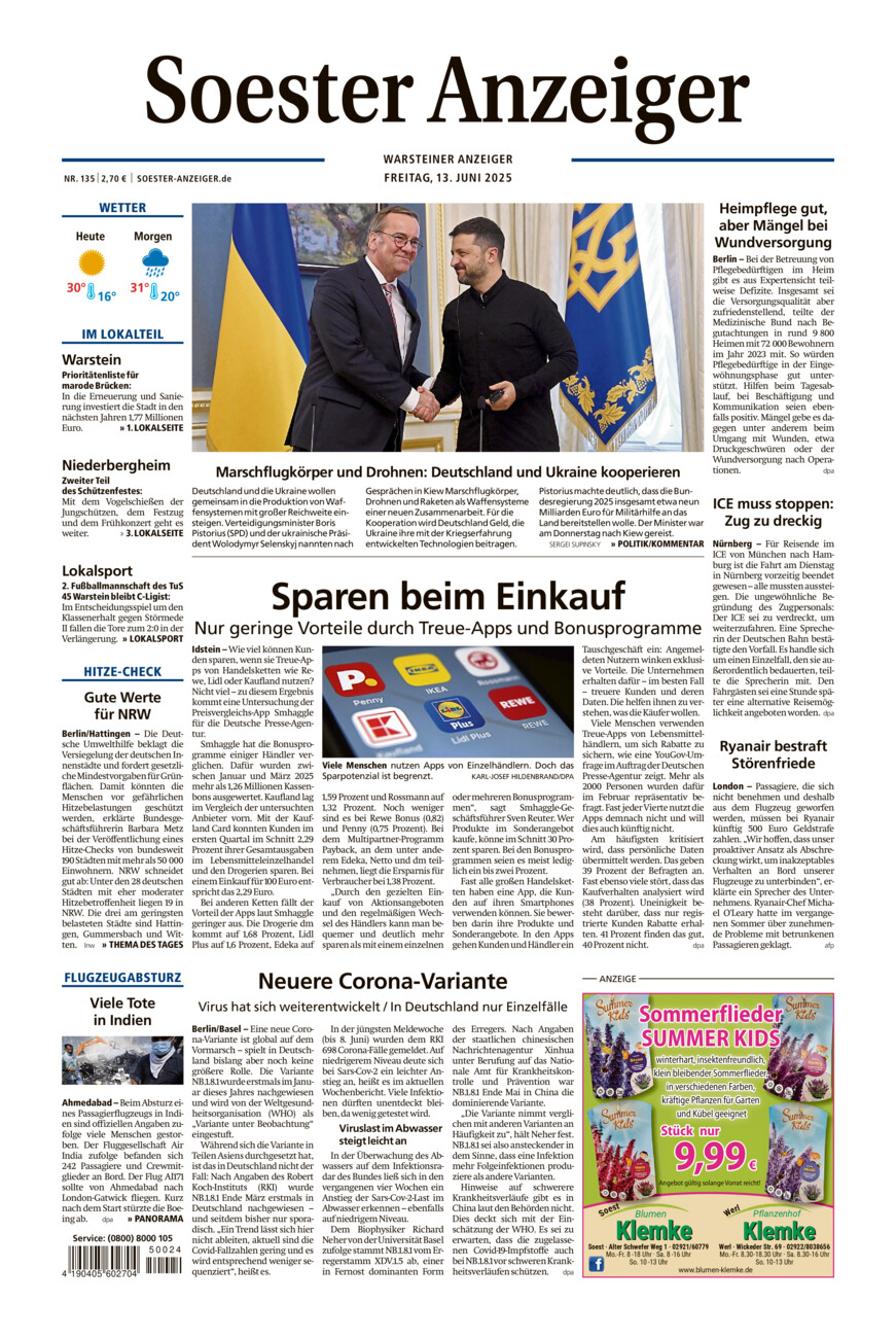 Soester Anzeiger Warstein vom Freitag, 13.06.2025