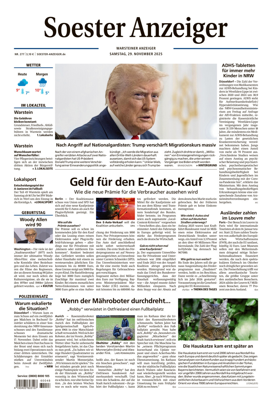 Soester Anzeiger Warstein vom Samstag, 29.11.2025