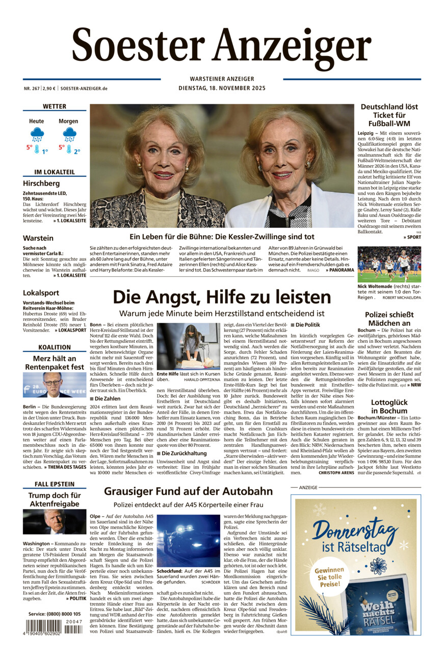 Soester Anzeiger Warstein vom Dienstag, 18.11.2025