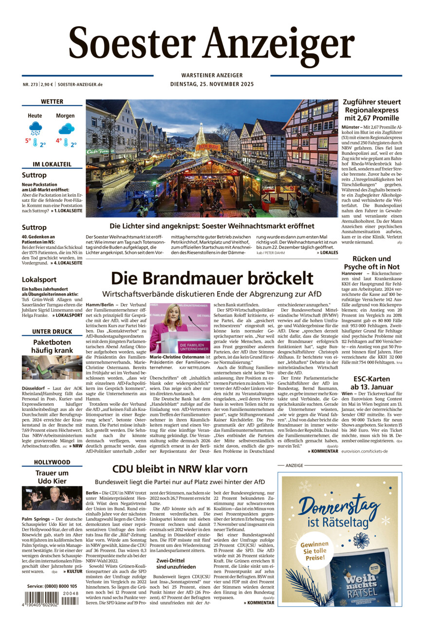 Soester Anzeiger Warstein vom Dienstag, 25.11.2025