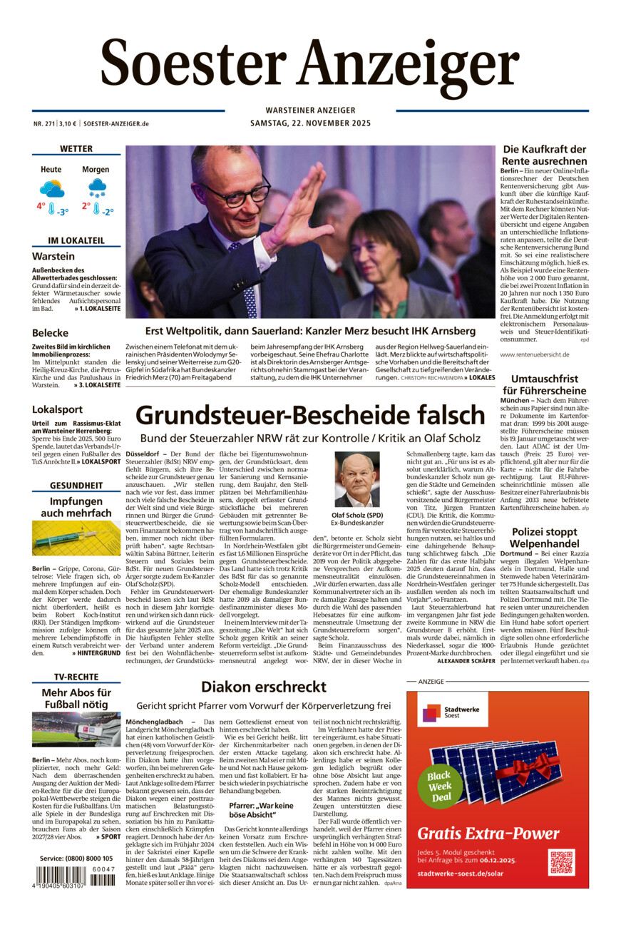 Soester Anzeiger Warstein vom Samstag, 22.11.2025