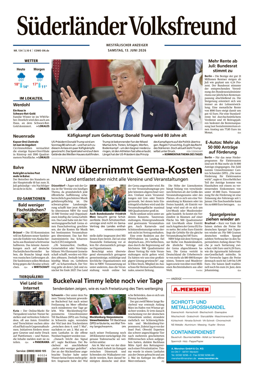 Süderländer Volksfreund vom Samstag, 13.06.2026