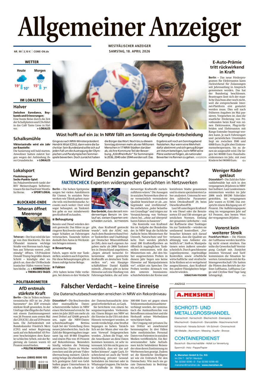 Allgemeiner Anzeiger vom Samstag, 18.04.2026