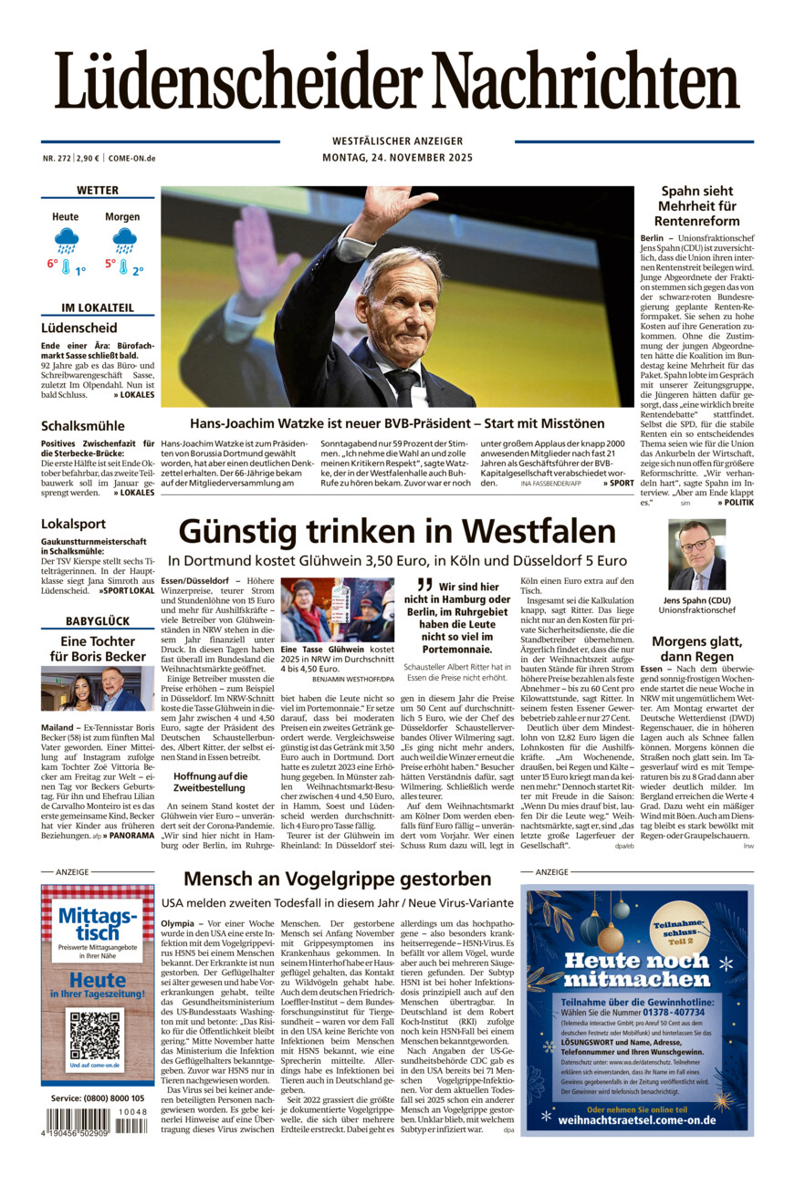 Lüdenscheider Nachrichten vom Montag, 24.11.2025