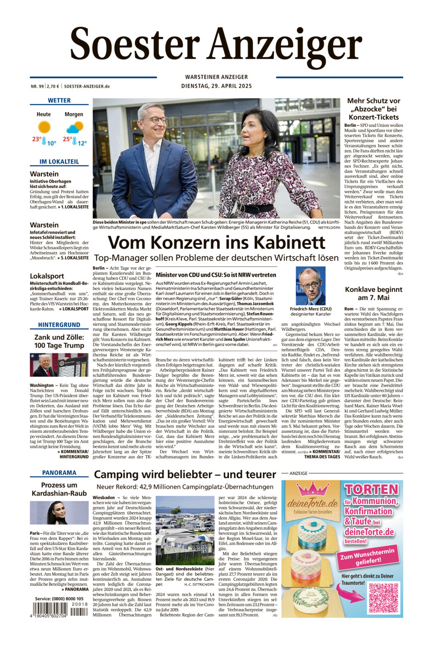 Soester Anzeiger Warstein vom Dienstag, 29.04.2025