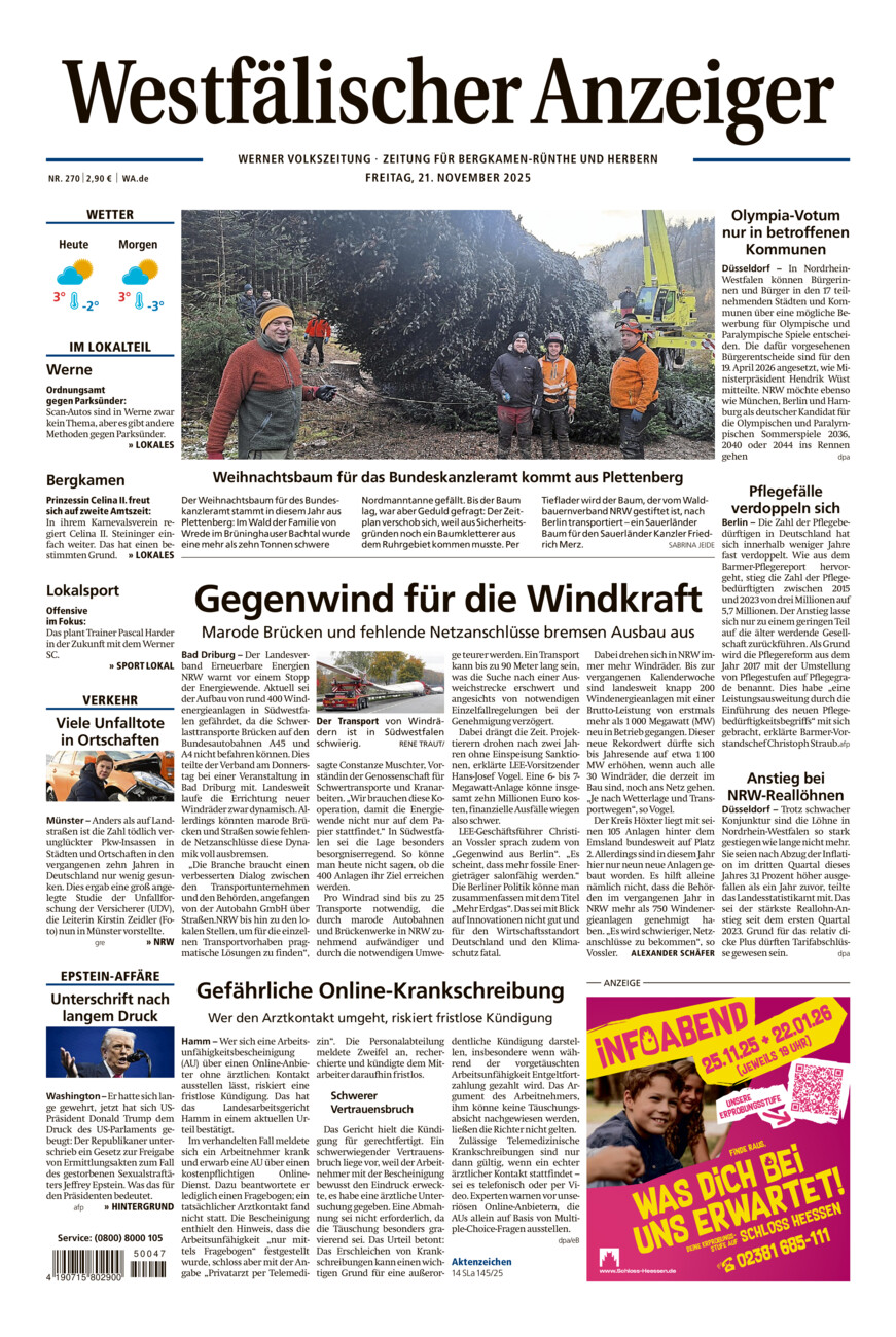 Westfälischer Anzeiger Werne vom Freitag, 21.11.2025