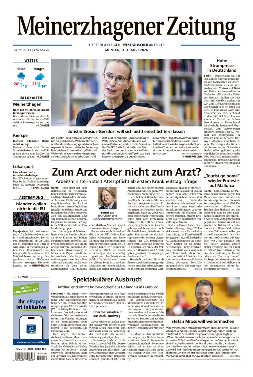 Meinerzhagener Zeitung vom Montag, 31.08.2026