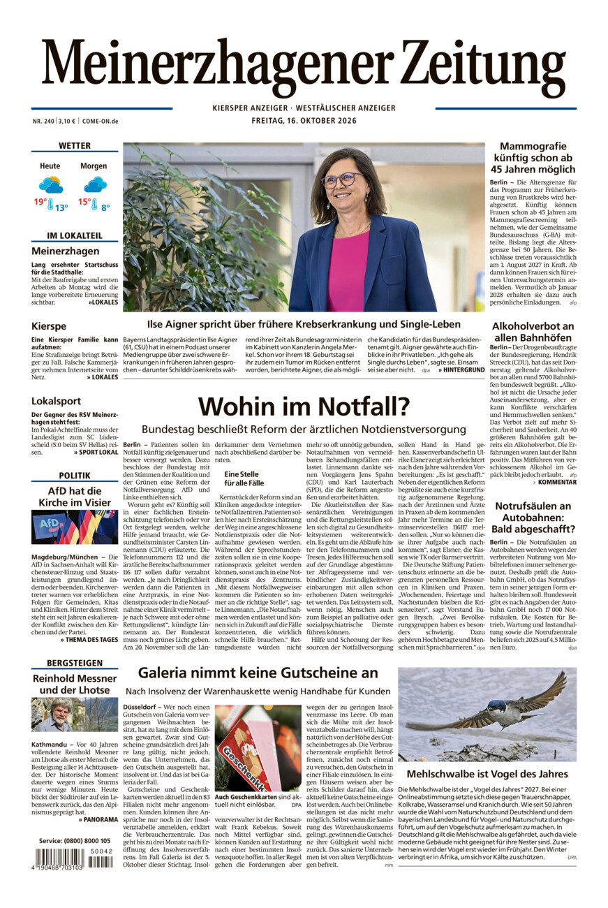 Meinerzhagener Zeitung vom Freitag, 16.10.2026