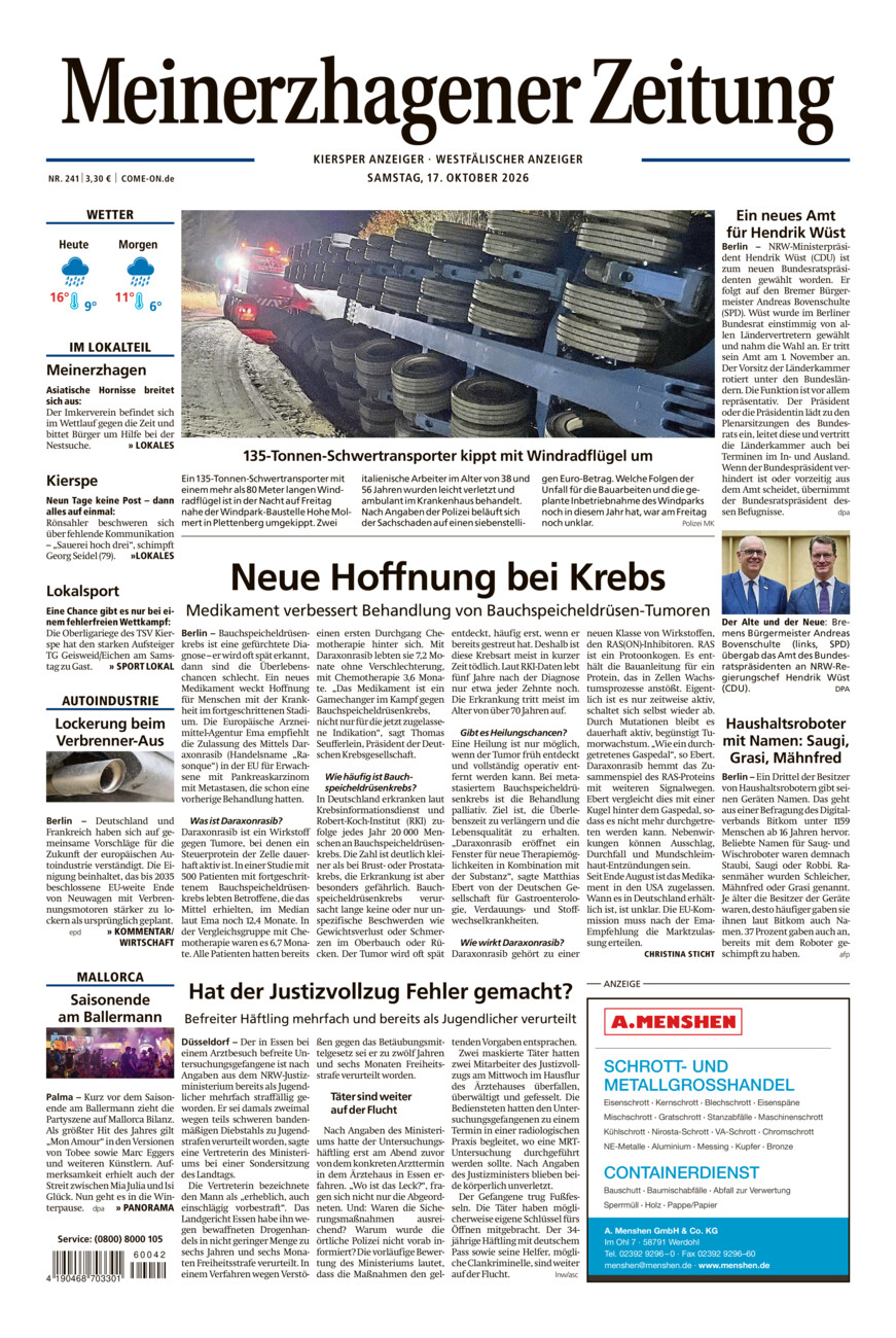 Meinerzhagener Zeitung vom Samstag, 17.10.2026