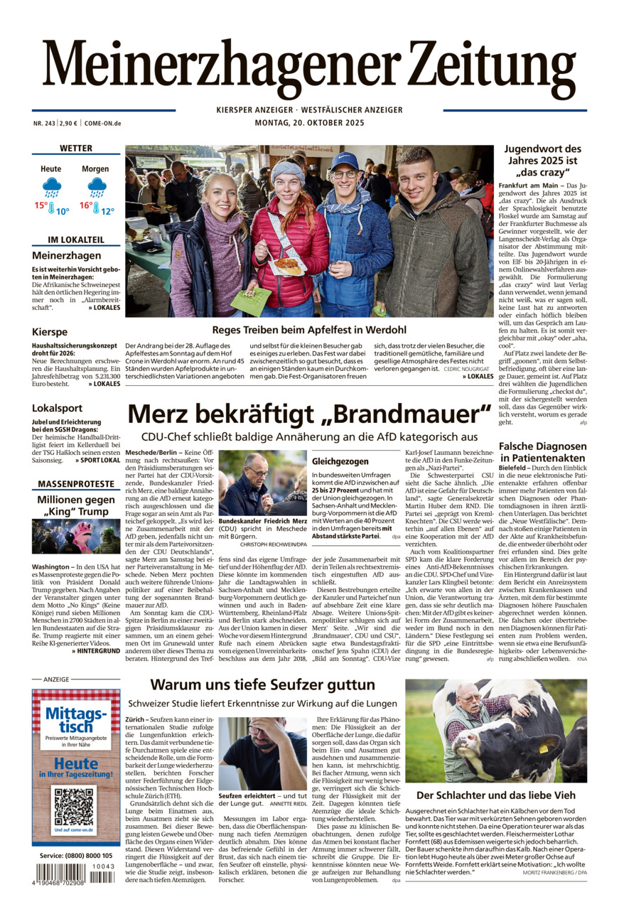 Meinerzhagener Zeitung vom Montag, 20.10.2025
