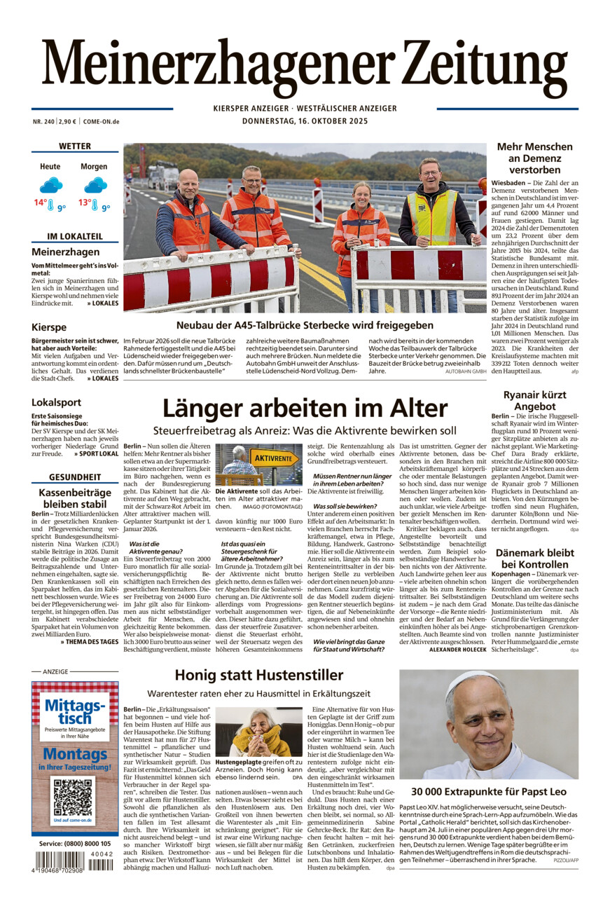 Meinerzhagener Zeitung vom Donnerstag, 16.10.2025