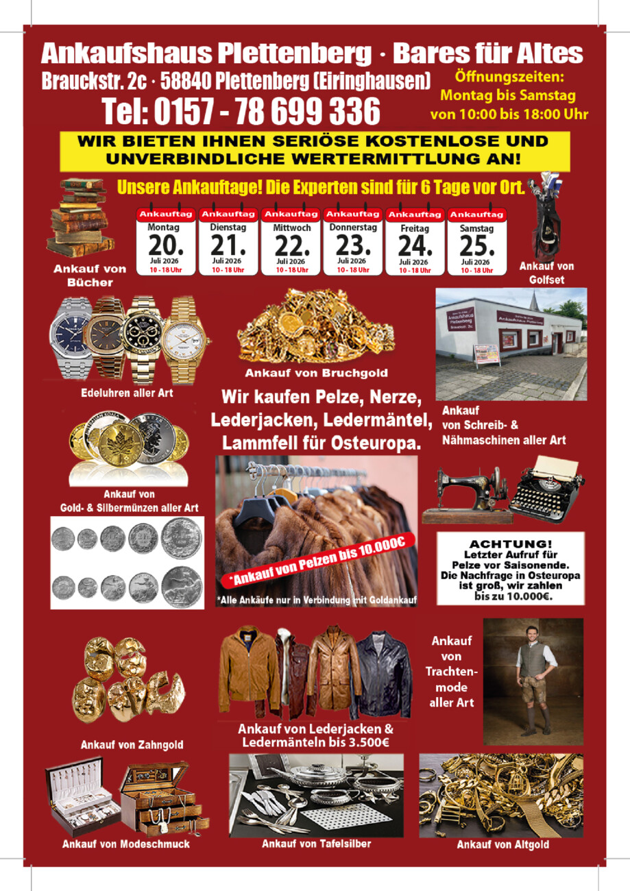 Ankaufshaus Plettenberg vom Montag, 20.07.2026